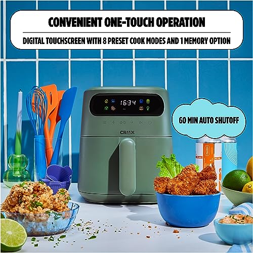 CRUX x Marshmello 3.0 QT Digital Air Fryer with TurboCrisp Technology, Touch Screen Temperature Control, Timer and Auto Shut-off, Fully Programmable, Silicone Cupcake Molds Included, Olive Crux