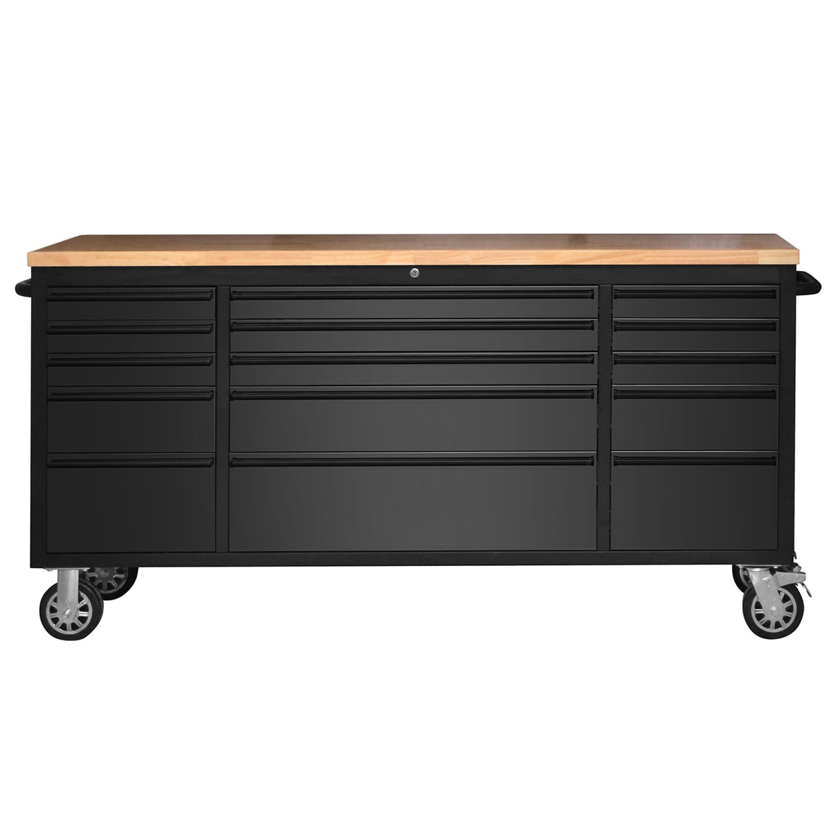 72-Inch Heavy-Duty Rolling Tool Chest & Mobile Workbench with 15 Drawers, Rubber Wood Tabletop, Key Locking System and Drawer Liners, Steel Storage Cabinet for Garage, Workshop, Warehouse Repair Elementool