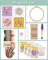 ERKOON 4 Sets Embroidery Kit for Beginners,Hummingbird and Flower Cross Stitch Set for Include Embroidery Cloth Hoops Threads for Craft Lover Hand Stitch (Flower)