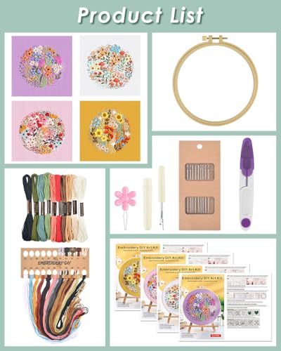 ERKOON 4 Sets Embroidery Kit for Beginners,Hummingbird and Flower Cross Stitch Set for Include Embroidery Cloth Hoops Threads for Craft Lover Hand Stitch (Flower) ERKOON