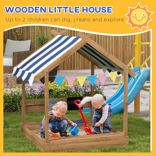 Outsunny Wooden Sandbox with Canopy, Kids Sand Pit with Liner, Blackboard, Sink, Playset, Flags, House Design, Outdoor Sandbox for 3-7 Years Old, 49" x 46" x 57.5", Brown Aosom