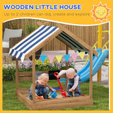 Outsunny Wooden Sandbox with Canopy, Kids Sand Pit with Liner, Blackboard, Sink, Playset, Flags, House Design, Outdoor Sandbox for 3-7 Years Old, 49" x 46" x 57.5", Brown Aosom