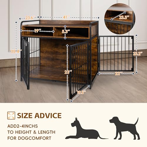 Sulives 41 inch Dog Crate Furniture for Large Dogs,Wooden Dog Crate with Divider,Double Door Dog Kennel with Two Drawers Storages,Reinforced Horizontal Bars,Indoor Dog Crate - WoodArtSupply