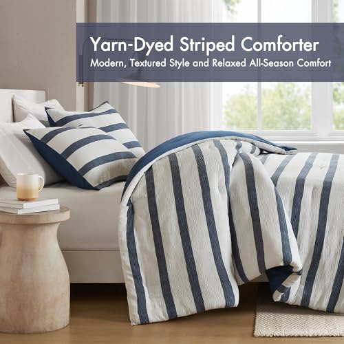 Madison Park Essentials Striped Comforter Set Queen Size, Yarn-Dyed Reversible Comforter with Minimalist Stripes, Crinkled Texture Bedding Set for All-Season Lightweight Warmth, Merritt Blue Madison Park