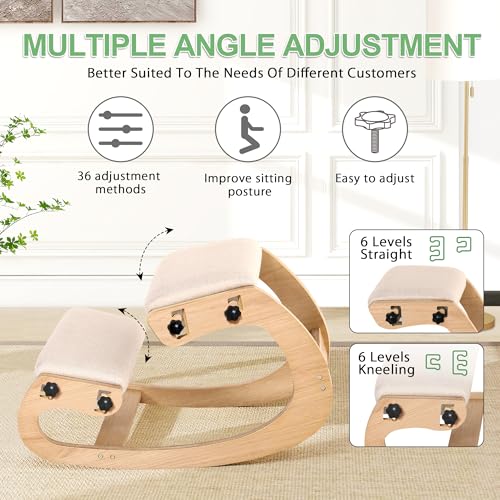 Predawn Adjustable Ergonomic Kneeling Chair – Custom Height Rocking Posture Stool with Thick Cushions, Solid Wood Frame, Knee Support Seat for Adults, Office or Meditation Use(White Oak) Predawn