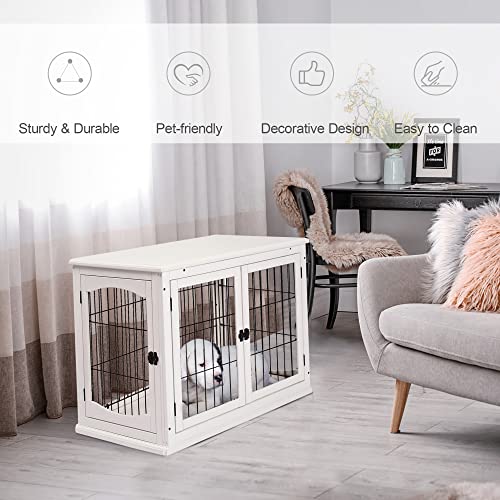 PawHut Dog Crate Furniture, Small Dog Cage End Table with Two Opening Sides, Lockable Door, Puppy Kennel Indoor, Cute and Decorative, Pure White - WoodArtSupply