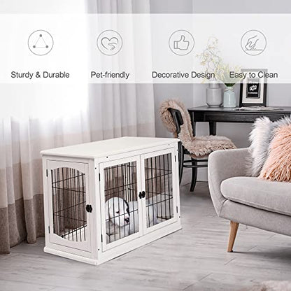 PawHut Dog Crate Furniture, Small Dog Cage End Table with Two Opening Sides, Lockable Door, Puppy Kennel Indoor, Cute and Decorative, Pure White - WoodArtSupply