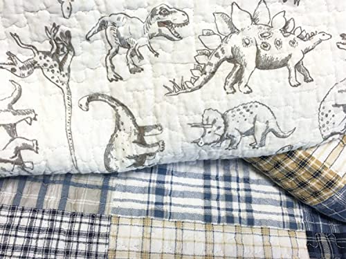 Cozy Line Home Fashions Benjamin Cute Dinosaur Plaid Navy Blue White Grey Bedding Quilt Set 100% Cotton Reversible Coverlet Bedspread Set for Kids Boy(Twin - 2 Piece) Cozy Line Home Fashions