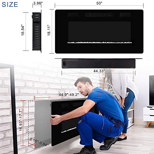 Xbeauty 50 inch Wall Mounted Recessed Electric Fireplace Insert, Ultra-Thin Lightweight LED Flush Mount Linear Fireplace Heater, Fit 2x4&2x6 Stud w/Touch Screen,Remote Control,750W-1500W,Black Xbeauty