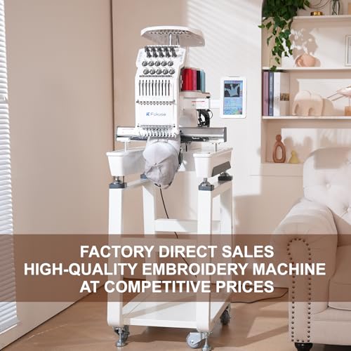 Fokuse brand FKS-1001 Commercial Embroidery Machine with 10 needle, Embroidery Area 14.2"x9.5", 1200SPM Max Speed, 7" Touch Screen, suitable for T-shirt, Hat, Flat, Bag and more
