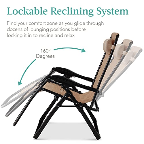 Best Choice Products Oversized Zero Gravity Chair, Folding Outdoor Patio Recliner, XL Anti Gravity Lounger w/Removable Cushion, Cup Holder, Side Tray, 350lb Capacity - Wheat Best Choice Products