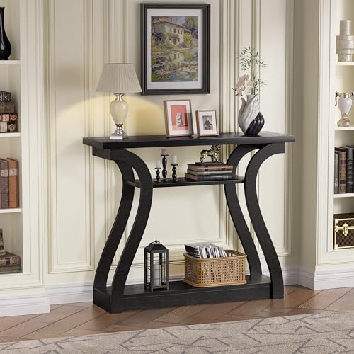 UODERS Wooden Console Table with Curved Legs and Shelf, 3-Tier Modern Accent Narrow Sofa Table for Entrance Area, Living Room, Hallway, 47 in Wide Wood Console Table for Entryway (Black) UODERS