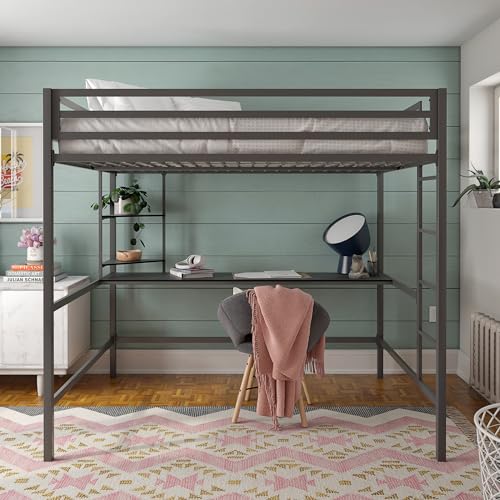Novogratz Maxwell Grey/Black Metal Full Loft Bed with Integrated Desk & Shelves Novogratz