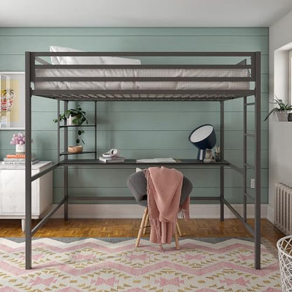 Novogratz Maxwell Grey/Black Metal Full Loft Bed with Integrated Desk & Shelves - WoodArtSupply