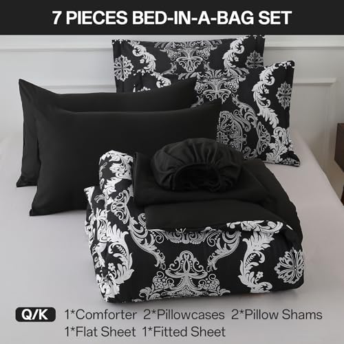 WONGS BEDDING 7 Pieces Comforter Set King Size, Black White Texture Bedding Set for All Season, Damask Soft and Breathable Bed in a Bag with Comforter, Flat Sheet, Fitted Sheet, Pillowcases & Shams WONGS BEDDING