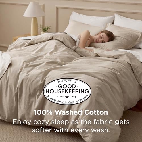 Bedsure 100% Washed Cotton Duvet Cover Queen Size - Frosted Almond Minimalist Cotton Duvet Cover Linen Like for All Seasons - GentleSoft™ Plain Simple Bedding, Frosted Almond, Queen, 90"x90" Bedsure