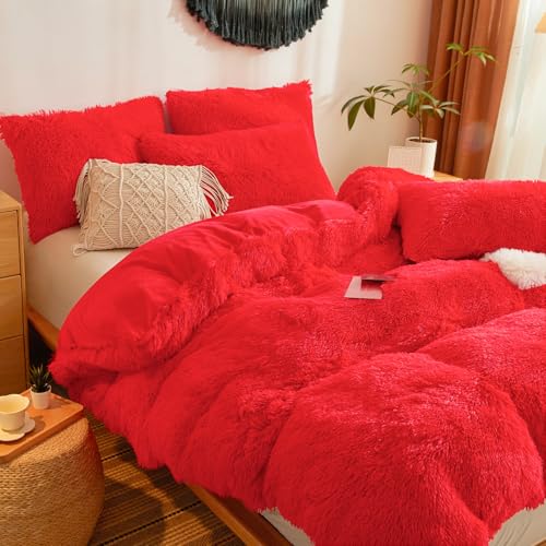 Besfunny Faux Fur Fluffy Red Comforter Cover Queen Set – Plush Faux Fur Red Bedding 3-Piece Set (1 Duvet Cover + 2 Furry Pillow Shams) Cozy Bed Set Besfunny