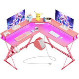 SEVEN WARRIOR Gaming Desk 50.4” with LED Light & Power Outlets, L-Shaped Gaming Desk Carbon Fiber Surface with Monitor Stand, Ergonomic Gamer Table with Headphone Hook, Pink SEVEN WARRIOR