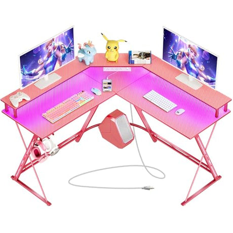 SEVEN WARRIOR Gaming Desk 50.4” with LED Light & Power Outlets, L-Shaped Gaming Desk Carbon Fiber Surface with Monitor Stand, Ergonomic Gamer Table with Headphone Hook, Pink SEVEN WARRIOR