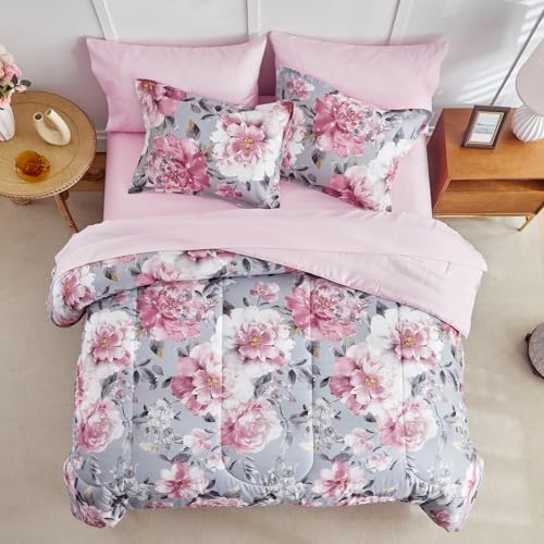 Joyreap 3pcs Floral Comforter Set Full/Queen, Tie-dye Pink Flowers on Gray Design, Microfiber Lightweight Bedding Comforter Set for All Season- 88x88 inches Joyreap
