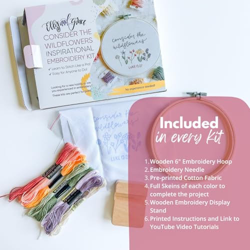 Elly & Grace Christian Embroidery Kit with Embroidery Hoop, Easy Embroidery Kit for Beginners and Adults, Full Embroidery Hoop Kit with Needles and Thread Included (Wildflowers)