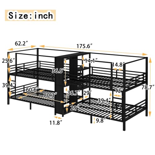 Queen Size Quadruple Metal Bunk Bed with Wardrobe & Storage Shelves, Quadruple Metal Bunk Bed Frame with Noise-Reduced Design (Black/Queen) MERITLINE