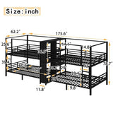 Queen Size Quadruple Metal Bunk Bed with Wardrobe & Storage Shelves, Quadruple Metal Bunk Bed Frame with Noise-Reduced Design (Black/Queen) MERITLINE