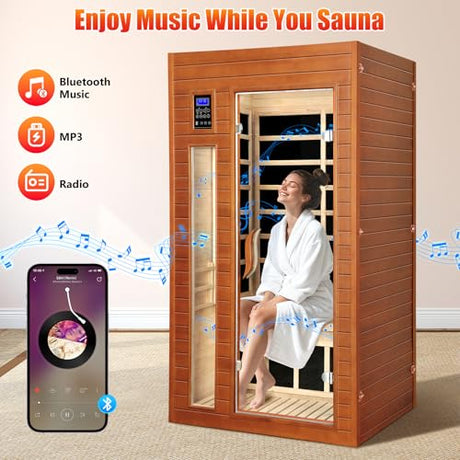 X-Vcak 1-2 Person Infrared Sauna, Dry Heat Sauna with Red Light Therapy, Bluetooth, Radio, 7-Color Therapy Light for Home, Indoor, Gym, Wellness Center, 36″ x 36″ x 73″ X-Vcak