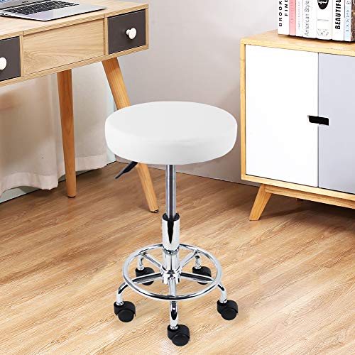 KKTONER PU Leather Round Rolling Stool with Foot Rest Swivel Height Adjustable Stool Spa Drafting Salon Tattoo Work Office Massage Task Chair White Small (White) KKTONER