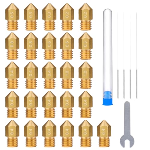 ELEGOO 26pcs MK8 Nozzles Multi Size, 3D Printer Brass Hotend Nozzles 0.2mm/0.3mm/0.4mm/0.5mm/0.6mm/0.8mm/1.0mm with DIY Tools Compatible with Neptune 3 Series and More ELEGOO