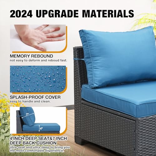 JOYURE 6 Pieces Patio Furniture set All-Weather Outdoor Wicker Sectional Conversation Sofa Rattan patio seating sofa with cushion and Glass Table for Porch Poolside,Peacock Blue - WoodArtSupply