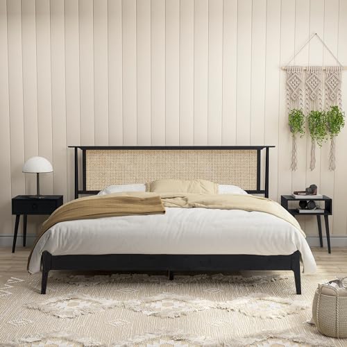 NTC Ruby Burnt Black Wooden Bed Frame with Natural Rattan Headboard, Silent Slats, and Solid Oak Foundation - King Size - WoodArtSupply