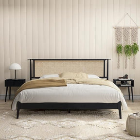 NTC Ruby Burnt Black Wooden Bed Frame with Natural Rattan Headboard, Silent Slats, and Solid Oak Foundation - King Size NTC