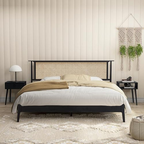 NTC Ruby Burnt Black Wooden Bed Frame with Natural Rattan Headboard, Silent Slats, and Solid Oak Foundation - King Size NTC