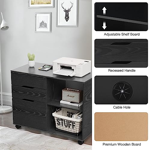 Sweetcrispy 3-Drawer File Cabinet, Lateral Mobile Filing Cabinet Wood Storage Organizer with Wheels, Printer Stand & Open Shelves for Home Office Under Desk Organization - Black - WoodArtSupply