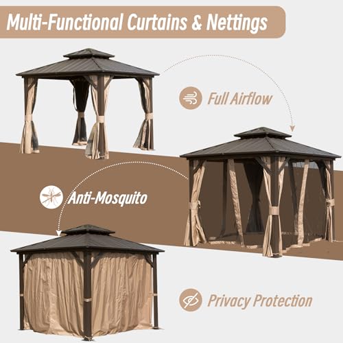 Domi 8x8FT Hardtop Gazebo, Outdoor Gazebo with Galvanized Steel Double Roof Canopy, Curtain and Netting, Metal Gazebo Pavilion for Patio, Lawn, Garden, Brown domi outdoor living