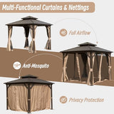 Domi Hardtop Gazebos 8x8FT, Aluminum Metal Gazebo with Galvanized Steel Double Roof Canopy, Curtain and Netting, Permanent Gazebo Pavilion for Patio, Backyard, Deck and Lawn, Brown domi outdoor living