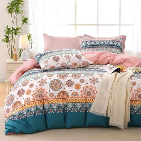 MUXHOMO Bed in a Bag Queen 7 Pieces, Queen Comforter Set Reversible Bohemian Botanical Flowers Design, Ultra Soft & Breathable Bedding Sets with Comforter, Sheets, Pillowcases & Shams MUXHOMO