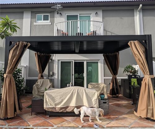 Domi Louvered Pergola 10' × 13', Outdoor Aluminium Pergola with Adjustable Roof, Curtains and Netting, Hardtop Gazebo for Patio, Deck, Garden, Yard, Beach domi outdoor living