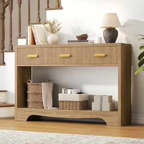 Fluted Console Table with Drawers, 47" Narrow Entryway Table with 3 Drawers and Open Storage Shelf, Long Sofa Tables Modern Behind Couch Tables for Living Room, Foyer and Hallway Luoxiao
