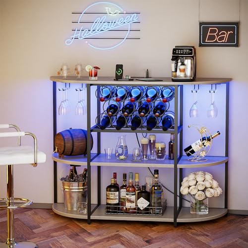 VICTONE Wine Bar Cabinet with LED Lights and Power Outlets, Freestanding Coffee Liquor Bar Cabinet with Glass Holder, Wine Rack Table for Home Kitchen Dining Room (White) VICTONE