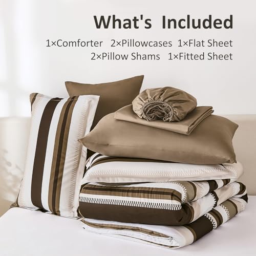 WONGS BEDDING Comforter Queen Size, Brown 7 Pieces Comforter for Queen Bed Striped Bed in a Bag Soft Bedding Comforter Set for All Season(90"×90") WONGS BEDDING