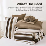 WONGS BEDDING Comforter Queen Size, Brown 7 Pieces Comforter for Queen Bed Striped Bed in a Bag Soft Bedding Comforter Set for All Season(90"×90") WONGS BEDDING