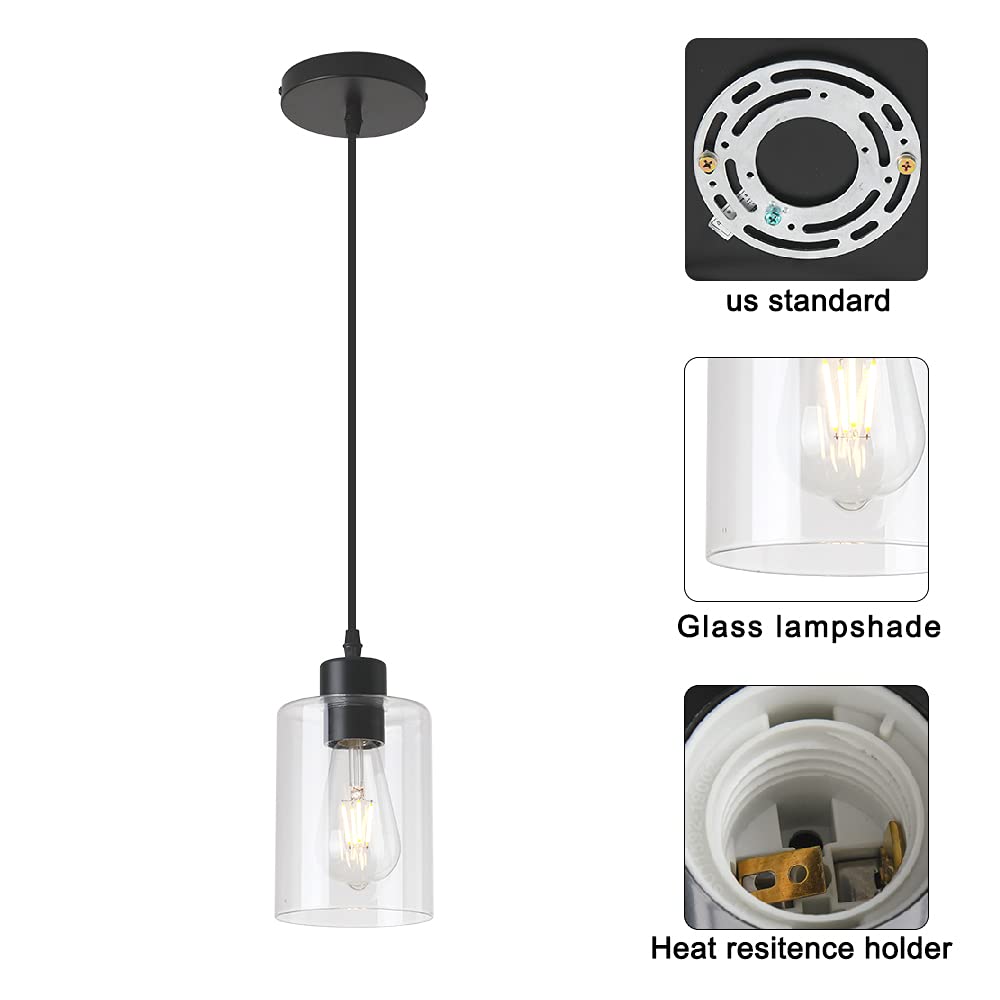 KLSS Modern Black Farmhouse Clear Glass Cylinder Pendant Light Fixture,Island Lights for Kitchen,Mini Pendant Lighting for Kitchen Island Decor - 4.75 Inch Shade 58 Inch Cord (Black 2 Pack) KLSS
