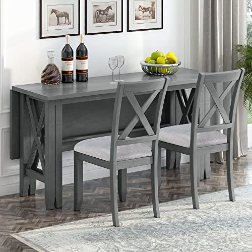 Merax 6 Piece Dining Room Table Set, Rustic Farmhouse Dining Room Foldable Table with 4 Upholstered Chairs and Bench, Solid Wood Kitchen Dining Table Set for 6 Persons (Gray) Merax