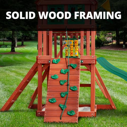 Gorilla Playsets 01-0021-GREY Nantucket II Wood Swing Set with Wood Roof, Two Swings, Grey Slide, Sandbox Area, Rock Wall, Redwood Color