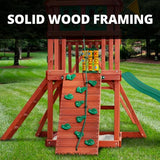 Gorilla Playsets 01-0021-GREY Nantucket II Wood Swing Set with Wood Roof, Two Swings, Grey Slide, Sandbox Area, Rock Wall, Redwood Color Gorilla Playsets