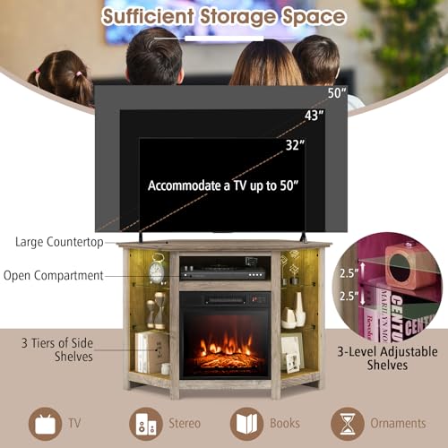 GOFLAME Corner Fireplace TV Stand with LED Lights for TVs up to 50”, Modern Entertainment Center with Electric Fireplace, Remote & Smart APP Control, TV Console with Adjustable Glass Shelves, Gray GOFLAME