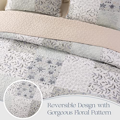 Exclusivo Mezcla Reversible Boho Quilts Queen Size, Gray Bedspreads Lightweight Coverlet All Season Patchwork Quilt Bedding Set with Printed Floral Pattern (1 Quilt, 2 Pillow Shams) Exclusivo Mezcla