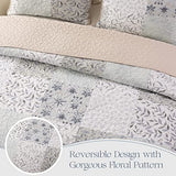 Exclusivo Mezcla Reversible Boho Quilts Queen Size, Gray Bedspreads Lightweight Coverlet All Season Patchwork Quilt Bedding Set with Printed Floral Pattern (1 Quilt, 2 Pillow Shams) Exclusivo Mezcla